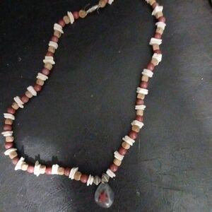 Chic Red and Cream Beaded Necklace with Pendant